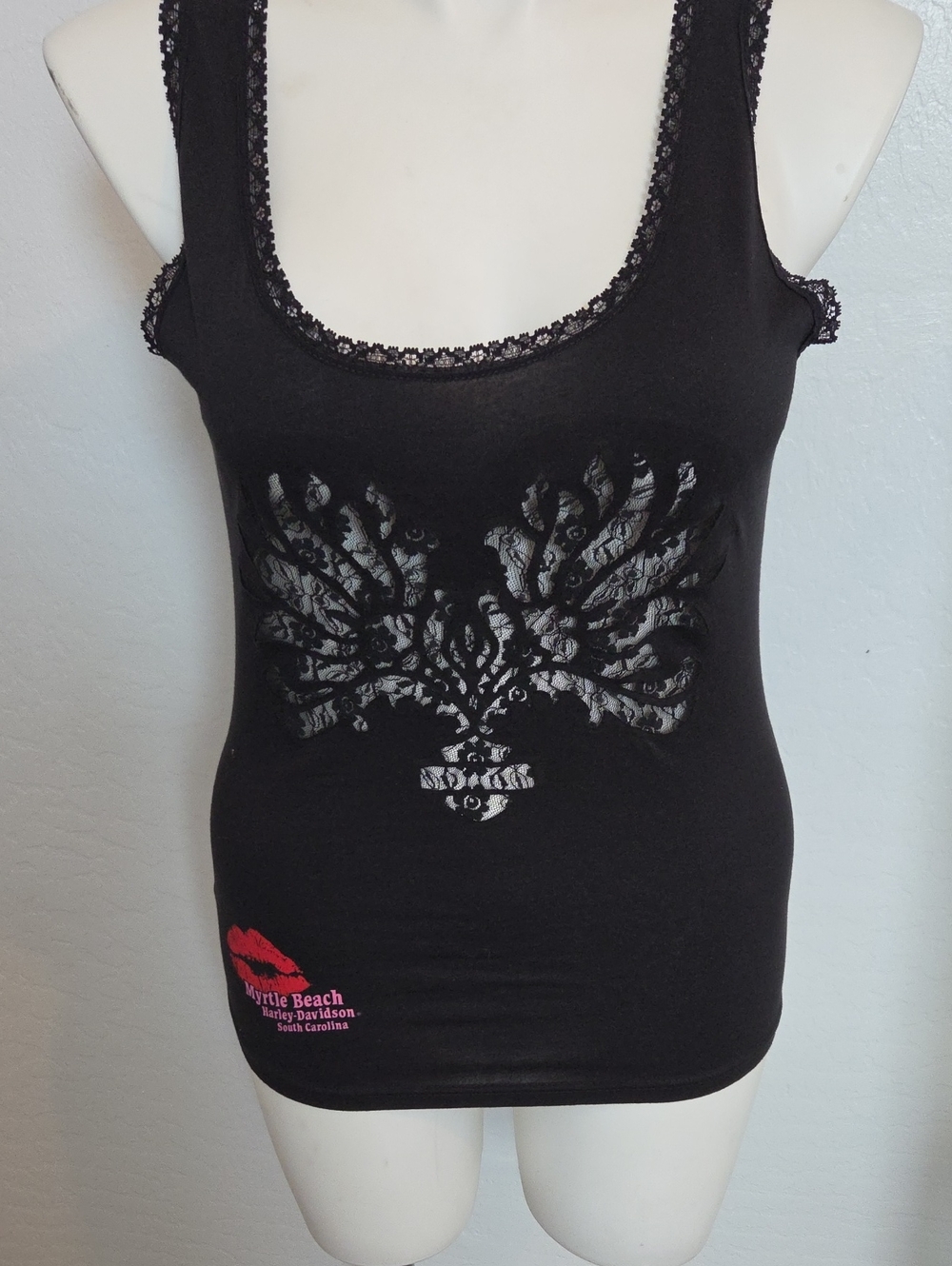 Harley-Davidson Black Lace-Inset Wing Graphic Tank with Pink Lip Detail NWT.
